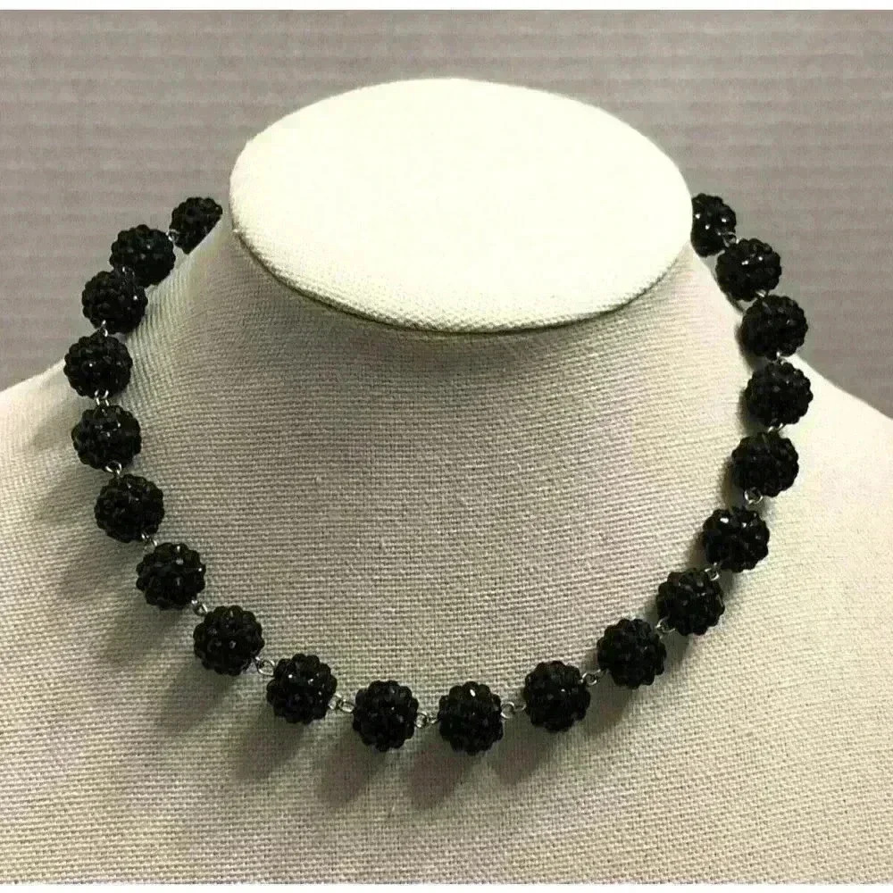 Vintage Black Faceted‎ Ball Beaded Necklace Choker Silver Tone 17 Inch